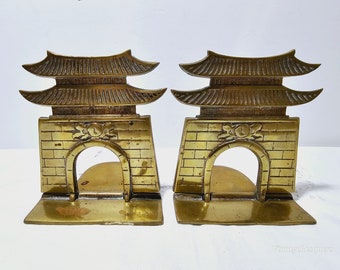 Vintage Korean Buddhist Pagoda Hinged Folding Bookends - Solid Brass Bookends Made in Korea Yin Yang, Temple, , Synagogue, Mosque Bookends