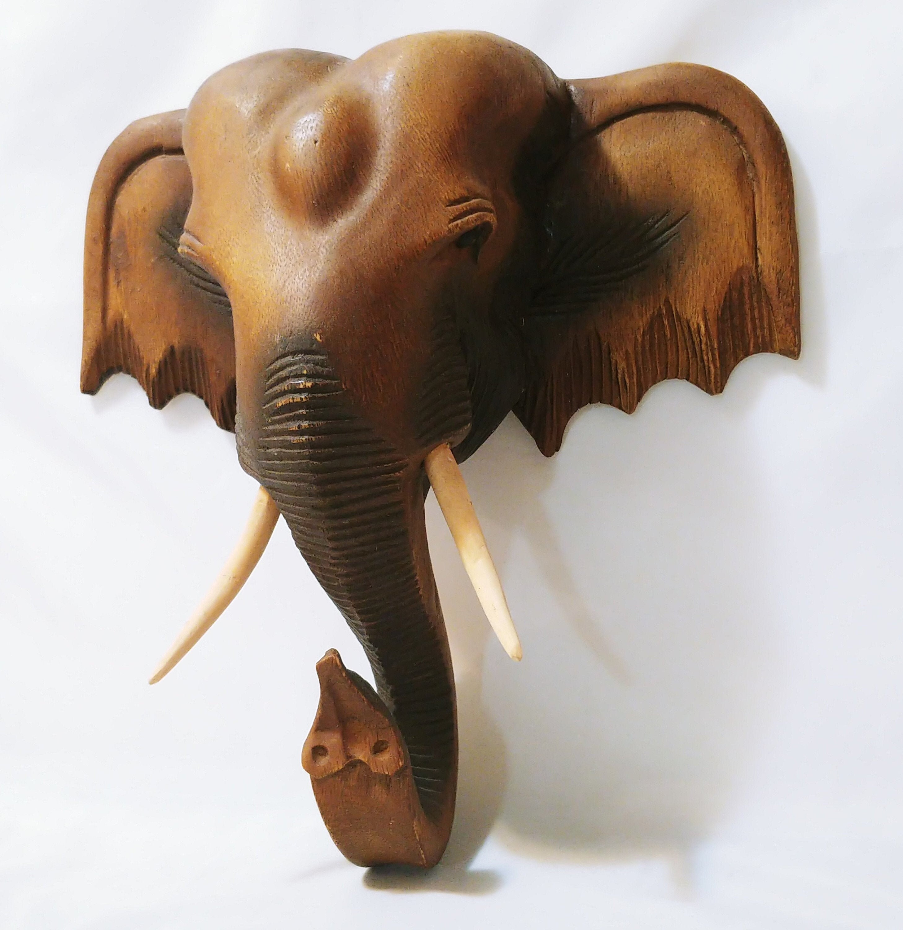 Vintage Large Elephant Head Wood Carving Wall Hanging Good Etsy