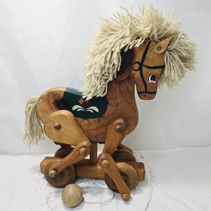 Vintage Folk Art Wooden Horse Pull Along Toy - Baby Nursery Decor - New Baby Gift - Animorphic Horse Rolling Toy - Retro Farm House Decor