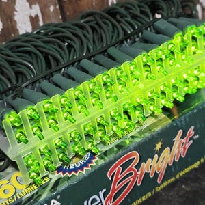 May include: A string of 60 green LED lights with dark green wiring, organised on a translucent plastic holder. The lights are resting on a green product box labelled Ever Bright with text indicating 60 lights and 50,000 hours of operation.
