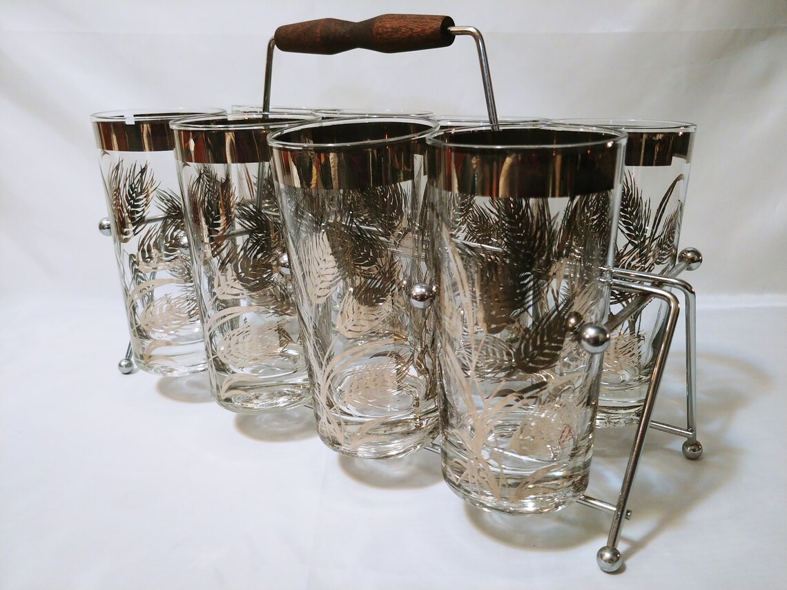 Vintage MCM Drinking Glasses with Caddy Gold Rim with Wheat Etsy