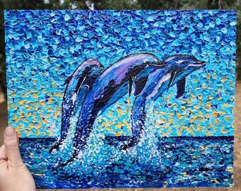 Pintura de tres delfines. Obra de arte texturizada original única en su tipo.