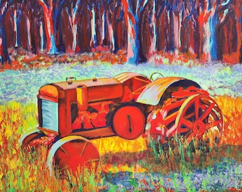 Pintura acrílica de tractor antiguo: arte rústico colorido (16x20)