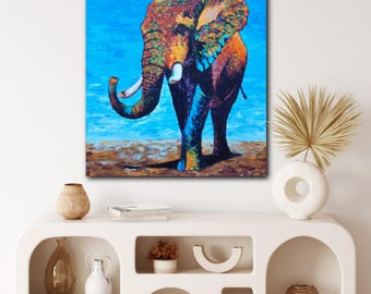 Pintura de elefante africano. Obra de arte de gran tamaño. Decoración de pared de vida silvestre por KalashnikoffArtUS.