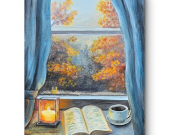 Pintura al óleo de una mañana de otoño: arte acogedor otoñal para ventana (16 x 20 sin marco)