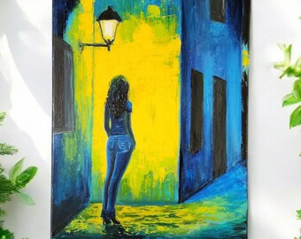 Cuadro original. Mujer en el callejón. Obra de arte tranquila. Cuadro nocturno.