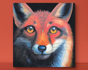 Mirada Dorada. Pintura de un zorro rojo de 40,6 x 40,6 cm. Obra original.