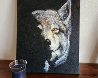 Pintura original de lobo: Arte animal espiritual acrílico texturizado (16x20)