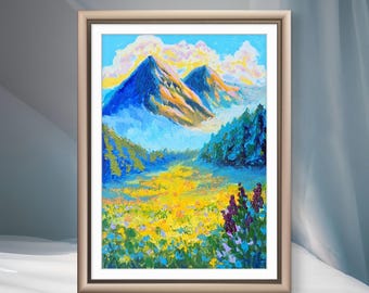 Mañana en las montañas, pintura al óleo enmarcada de 5×7"