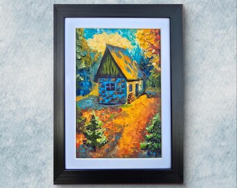 Cabaña en el bosque, pintura al óleo enmarcada de 13 x 18 cm