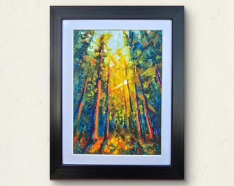 Atardecer en el bosque, pintura al óleo enmarcada de 5×7"