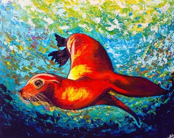 Pintura colorida de leones marinos. Alegre obra de arte de animales marinos.