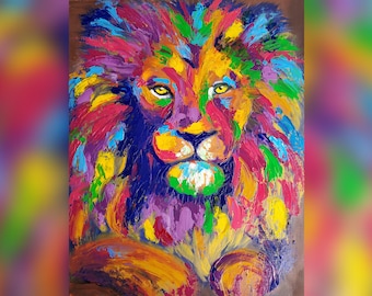 Pintura al óleo de león colorido de 16" x 20" Obra de arte animal de KalashnikoffArtUS