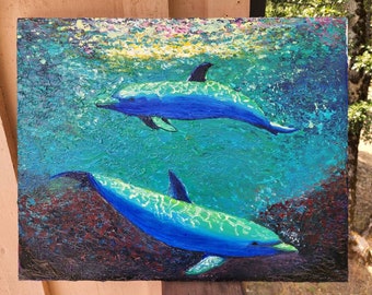 Delfines Pintura submarina. Obra original al óleo.
