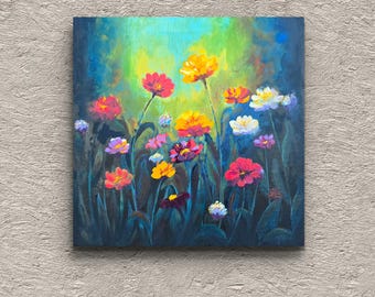 Flores y sol. Pintura al óleo original