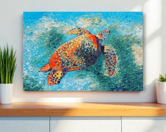 Pintura original de tortuga marina de 76 x 50 cm. Obra de arte sobre la vida marina de KalashnikoffArtUS.