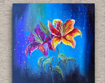 Lirios estrellados. Pintura al óleo de 30,5 x 30,5 cm. Arte floral.