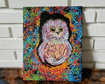 Pintura de búho colorido: Arte con espátula acrílica texturizada (8x10)
