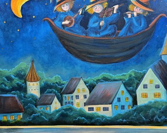 Pintura al óleo de brujas mágicas: Arte mural de cuento de hadas con música nocturna