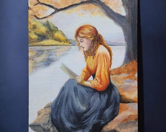 Pintura de otoño junto al río: Mujer leyendo junto al lago