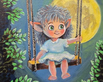 Elfo en un columpio. Arte caprichoso para la habitación de los niños.