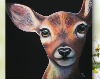Corazón en paz. Ciervo joven. Pintura contemporánea. Obra original.