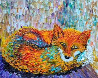 Pintura al óleo de zorro: arte abstracto colorido, lienzo de 11 x 14
