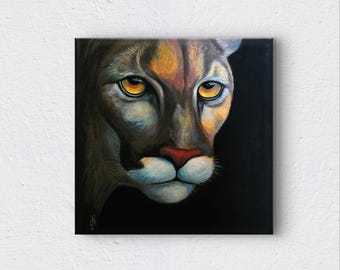 El Vigilante. Pintura contemporánea de un puma. Obra original.