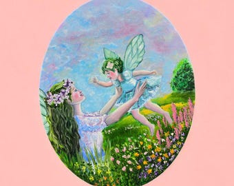 La alegría de la madre hada: arte fantástico y caprichoso sobre lienzo ovalado
