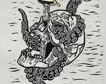 Pirate Skull Sword Kraken Linoprint | OFMD