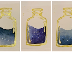 Gold Potion Bottle with Watercolor Ocean Print