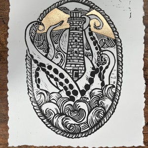 Kraken Lighthouse Linoprint