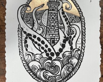 Kraken Lighthouse Linoprint