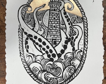 Kraken Lighthouse Linoprint