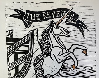 The Revenge Unicorn Masthead OFMD Linoprint