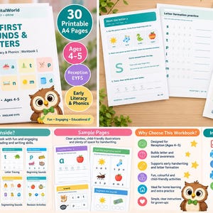 May include: A 30-page printable A4 early literacy and phonics workbook titled My First Sounds & Letters. The cover features a cartoon owl and educational text. Included are sample pages for letter formation, sound blending, and word building activities.
