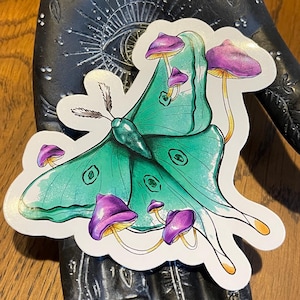 Luna moth large sticker, purple mushrooms sticker, laptop/diary/planner/street/toolbox sticker