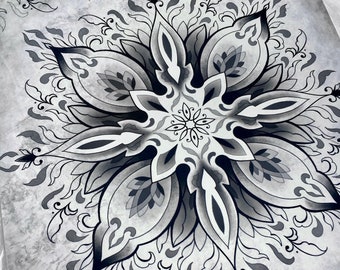 Black and grey geometric mandala giclee | tattoo print | modern wall art | unique wall decor | best friend gift | 8x10 | zen meditation yoga