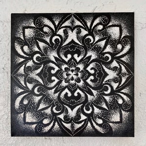 Geometric pointillism painting | Acrylic modern mandala wall decor | Original artwork | stretched canvas art |12x12| black/white | varnished