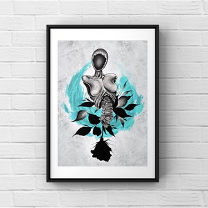 Zeitgenössische Kunst Statue Giclée | modern design schwarze Rose Wanddeko | Tattoo Druck | Abstraktes Graffiti Poster |Schwarz und Grau Skelett