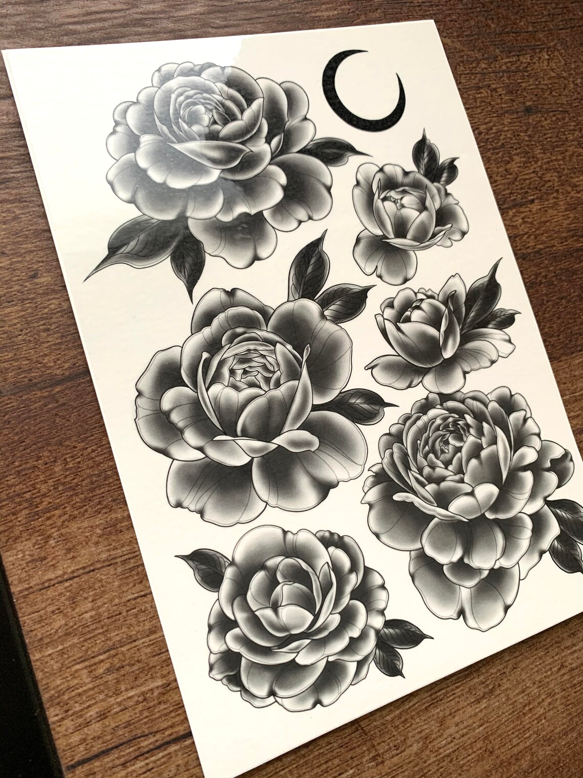 Large Black and Grey Peony Flower/moon Temporary Tattoo Set. Big Size