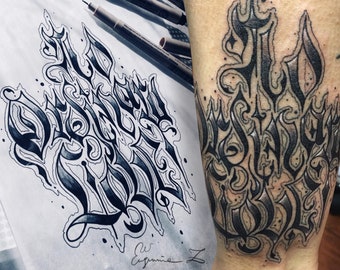 Custom personalized lettering tattoo design | Gothic calligraphy | Tattoo art | Black and grey | Handmade | Unique gift | Script tattoo