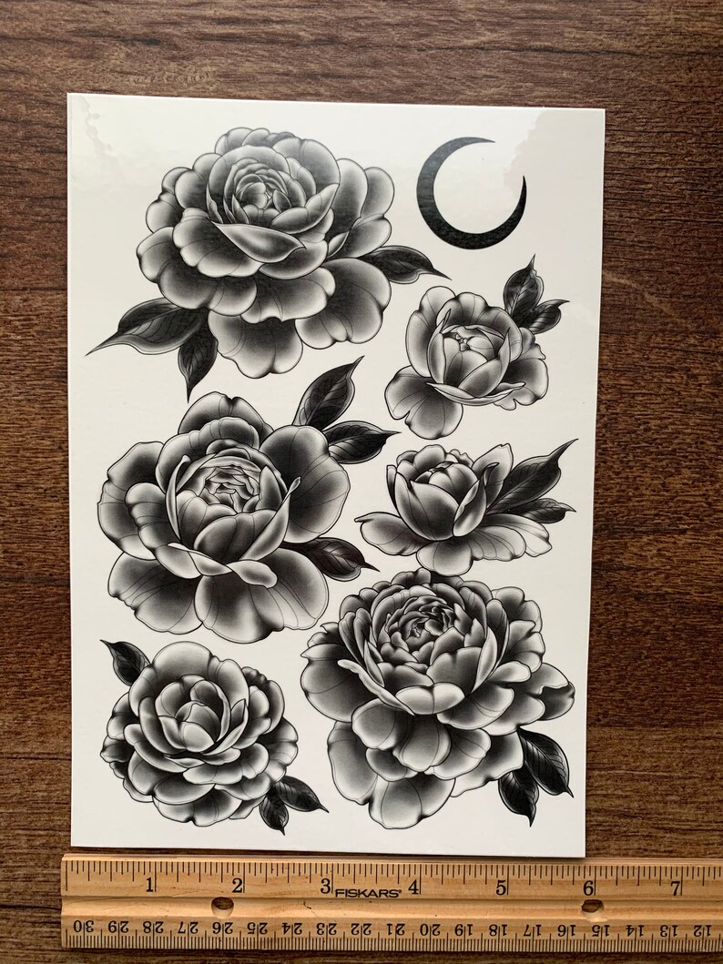 Large Black and Grey Peony Flower/moon Temporary Tattoo Set. Big Size