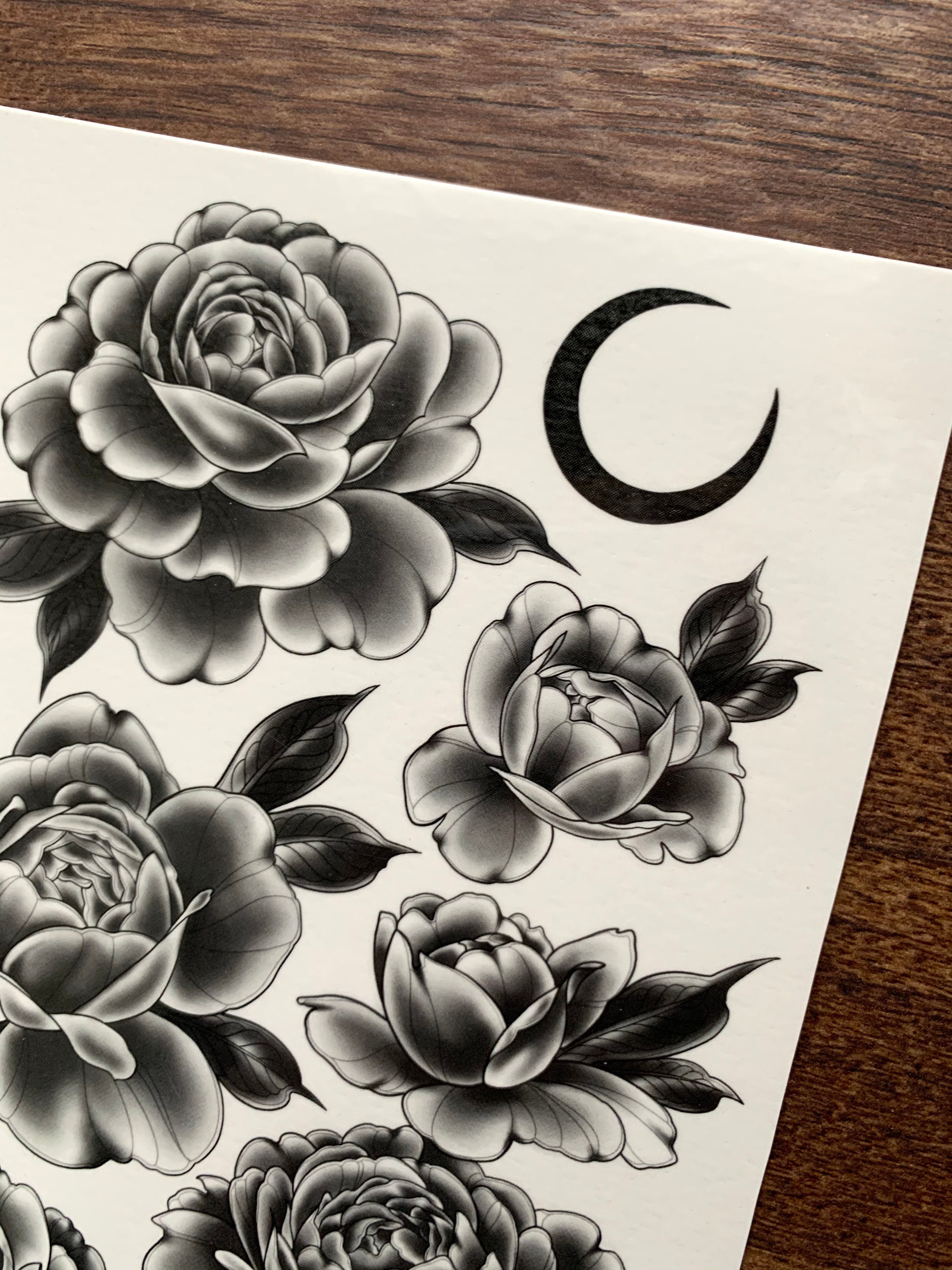 Large Black and Grey Peony Flower/moon Temporary Tattoo Set. Big Size