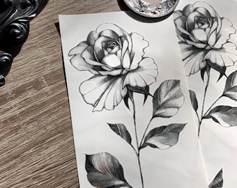 Realistic rose temporary tattoo | unique floral tattoo | flower design | botanical black and grey tattoos | body art | modern gift