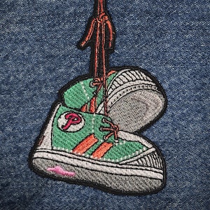 Phillie Phanatic Hanging Sneakers -- Embroidered PATCH - 4&quot;x2.66&quot; -- Philadelphia Phillies