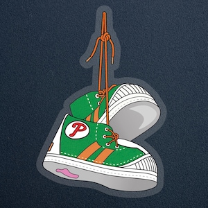 Phillie Phanatic Hanging Sneakers -- Vinyl Sticker - 4&quot;x2.66&quot; -- Philadelphia Phillies