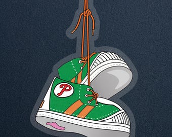 Phillie Phanatic Hanging Sneakers -- Vinyl Sticker - 4"x2.66" -- Philadelphia Phillies