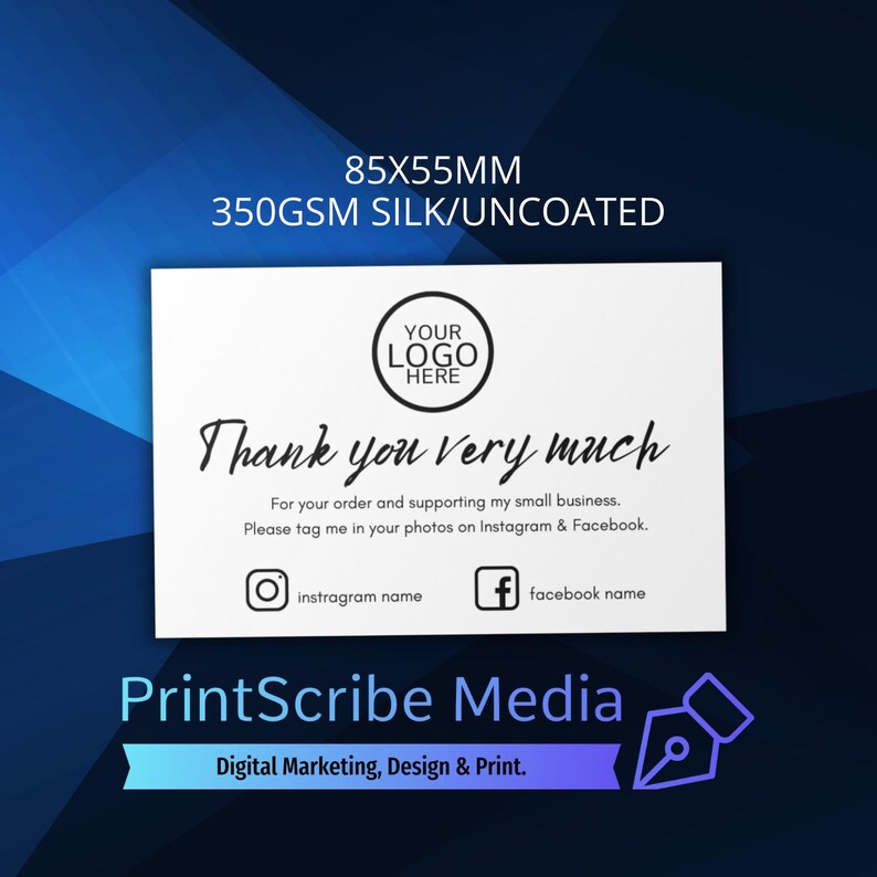 Personalised Business Cards, 350GSM Double Sided Add Your Logo, Thank