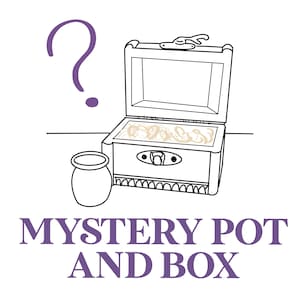 May include: Line drawing of a treasure chest with the lid open, filled with a light-colored material. A small pot sits to the left, and a purple question mark is above. The text "MYSTERY POT AND BOX" is below.